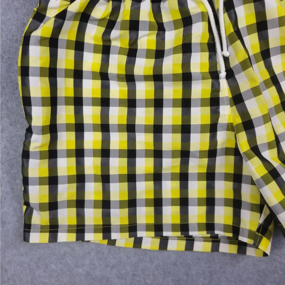 Primo Emporio Mens XL Yellow Black Plaid Swim Shorts Lined Pockets Drawstring